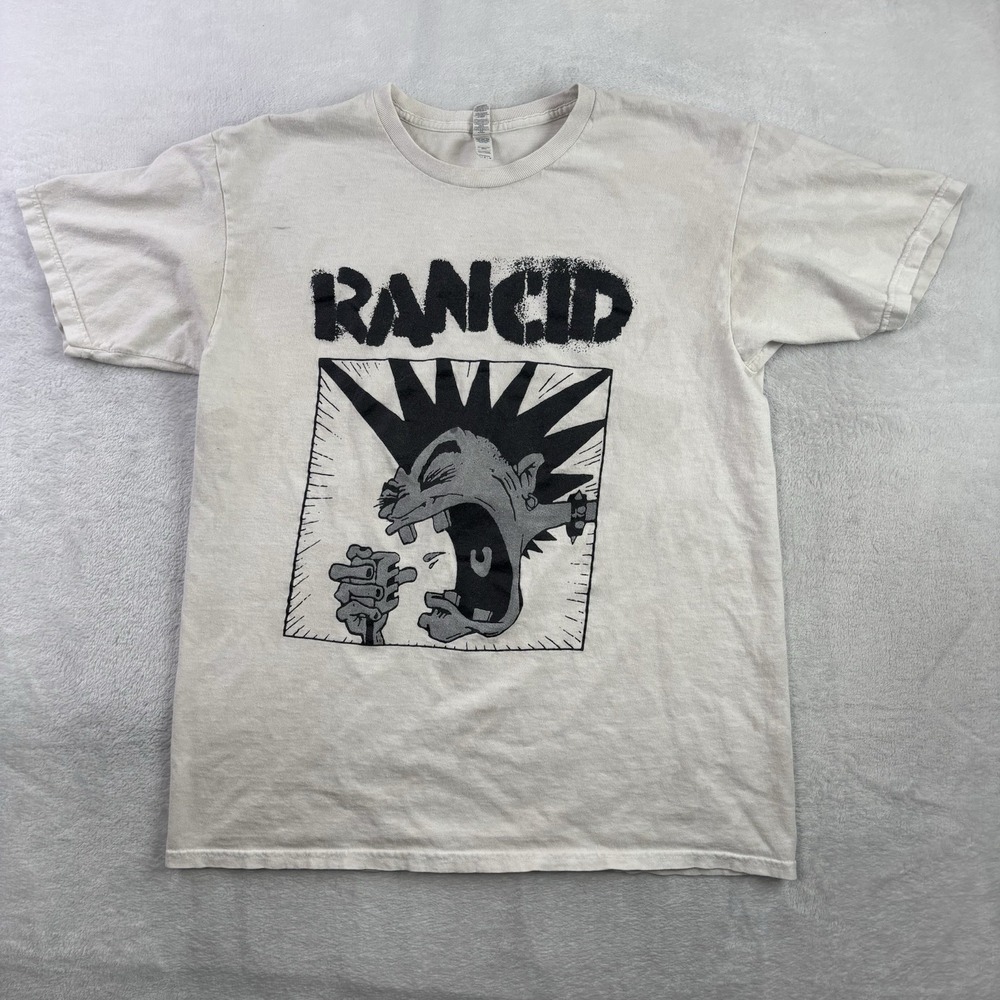 Alstyle Rancid Band White Short Sleeve Graphic Shirt Distressed Men's LG